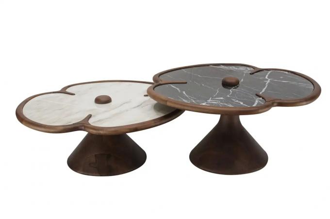 Houten ronde marmeren midden tafel voor woonkamer klaver ontwerp 2