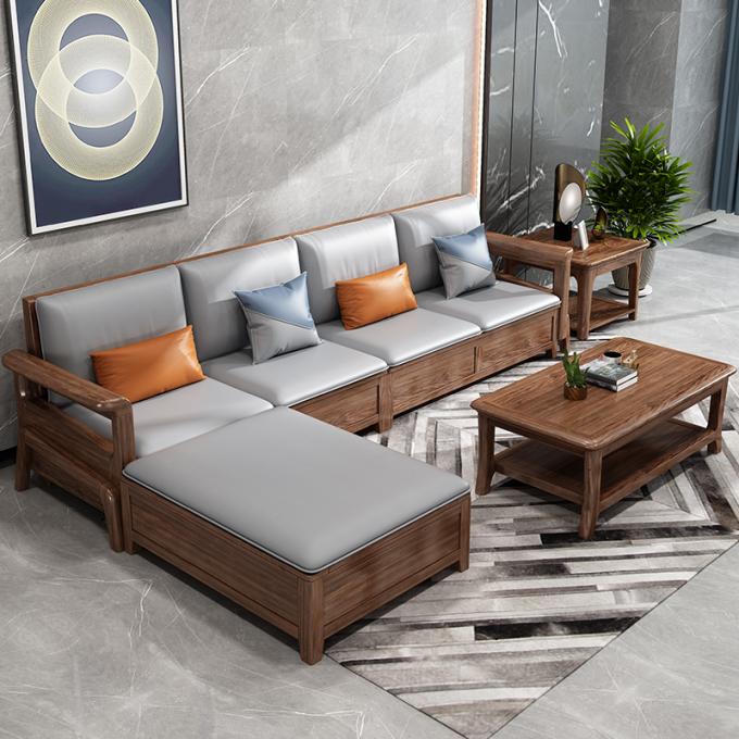 Sofa met 7 zitplaatsen van teakhouten massief hout Modulaire lounge met leer bekleding 3