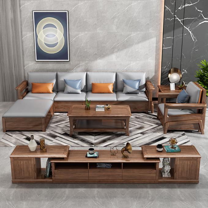 Sofa met 7 zitplaatsen van teakhouten massief hout Modulaire lounge met leer bekleding 5