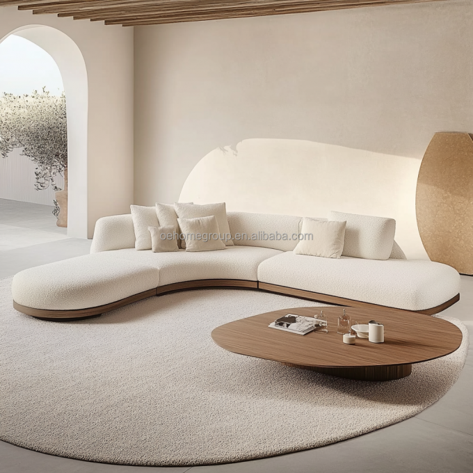 2 Liggende Notenhouten Kleur Sofa's in Japanse Wabi-sabi Stijl voor Modern Woonkamerontwerp en Meubelset 2