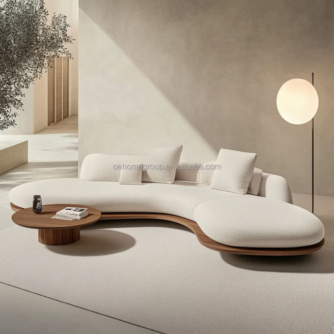 2 Liggende Notenhouten Kleur Sofa's in Japanse Wabi-sabi Stijl voor Modern Woonkamerontwerp en Meubelset 6