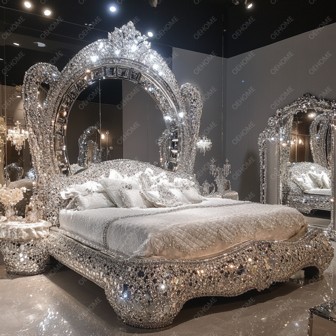 Nieuwste Slaapkamer Meubelontwerpen Luxe Diamant Kristal King/Queen Size Spiegel Gestoffeerd Bed Voor Hotels En Villa's 3