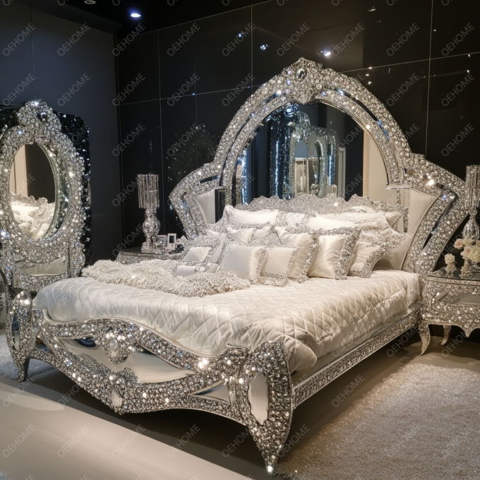 Nieuwste Slaapkamer Meubelontwerpen Luxe Diamant Kristal King/Queen Size Spiegel Gestoffeerd Bed Voor Hotels En Villa's 4