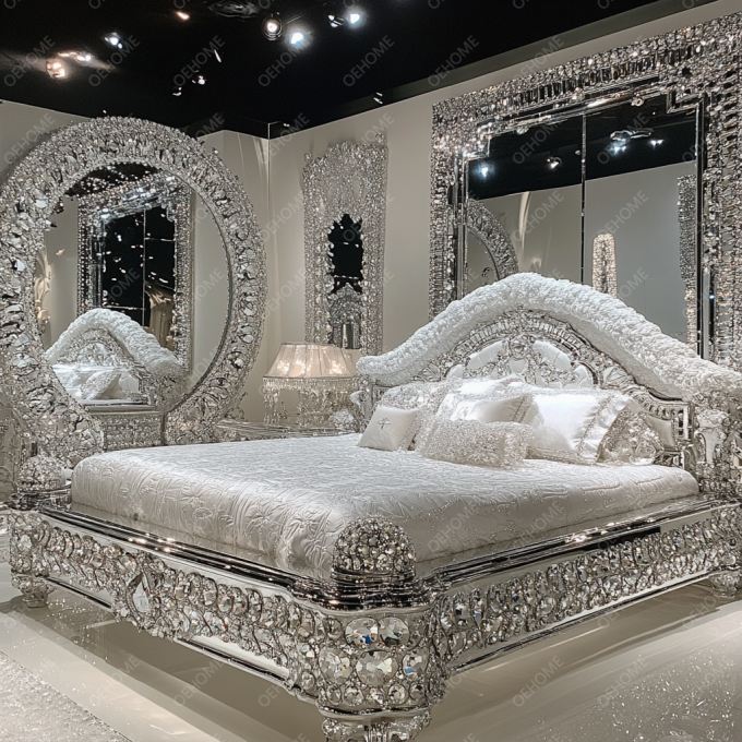 Nieuwste Slaapkamer Meubelontwerpen Luxe Diamant Kristal King/Queen Size Spiegel Gestoffeerd Bed Voor Hotels En Villa's 5