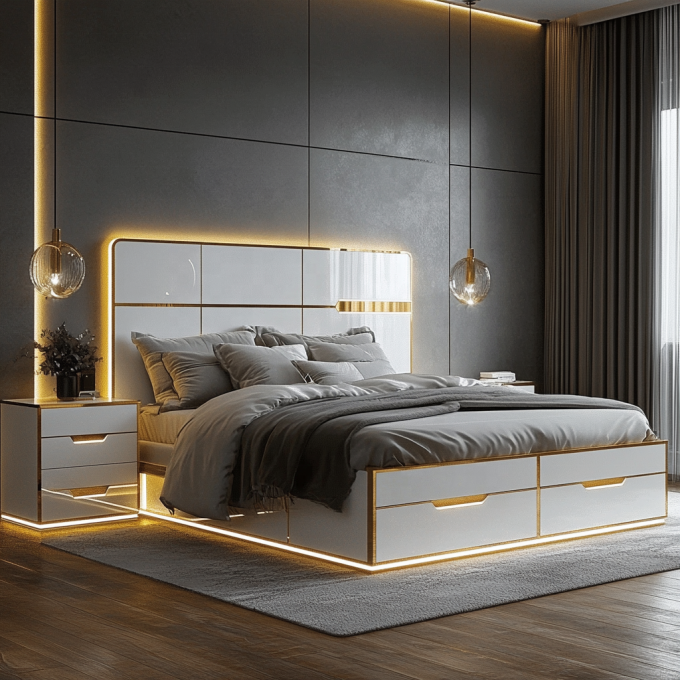 Verstelbaar modern design queen size houten bed voor Italiaanse luxe koninklijke spiegel koning slaapkamer set in huis of hotelkamer 1