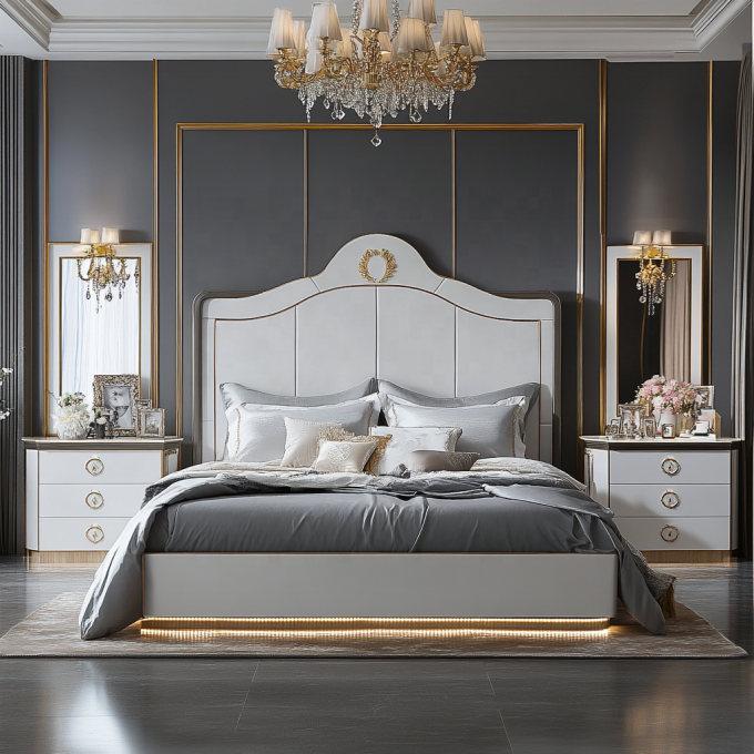 Verstelbaar modern design queen size houten bed voor Italiaanse luxe koninklijke spiegel koning slaapkamer set in huis of hotelkamer 2