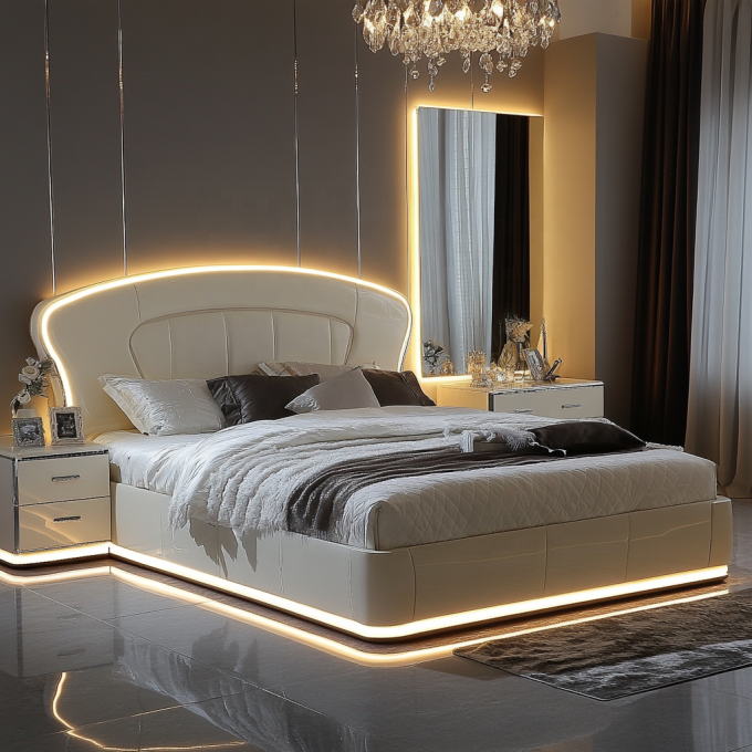 Verstelbaar modern design queen size houten bed voor Italiaanse luxe koninklijke spiegel koning slaapkamer set in huis of hotelkamer 3