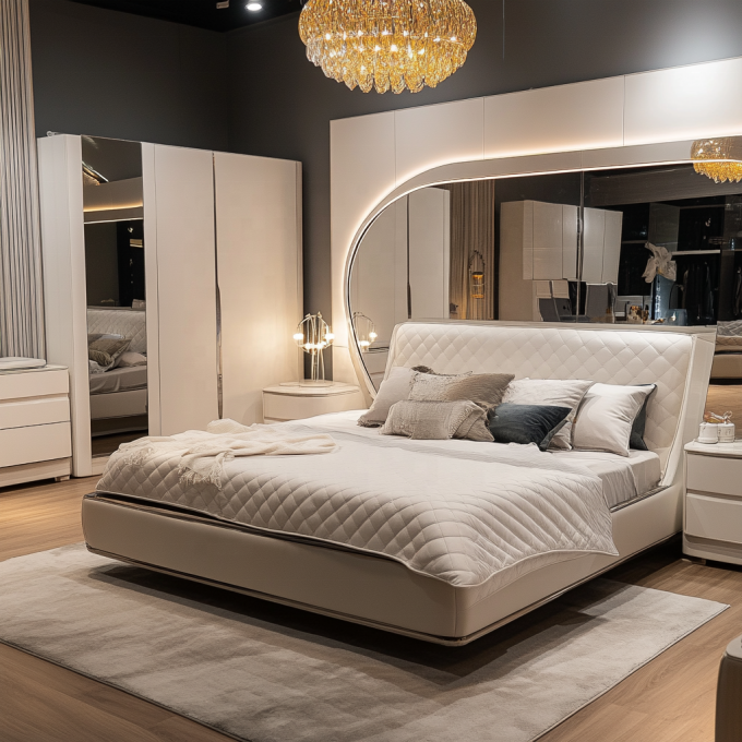 Verstelbaar modern design queen size houten bed voor Italiaanse luxe koninklijke spiegel koning slaapkamer set in huis of hotelkamer 4