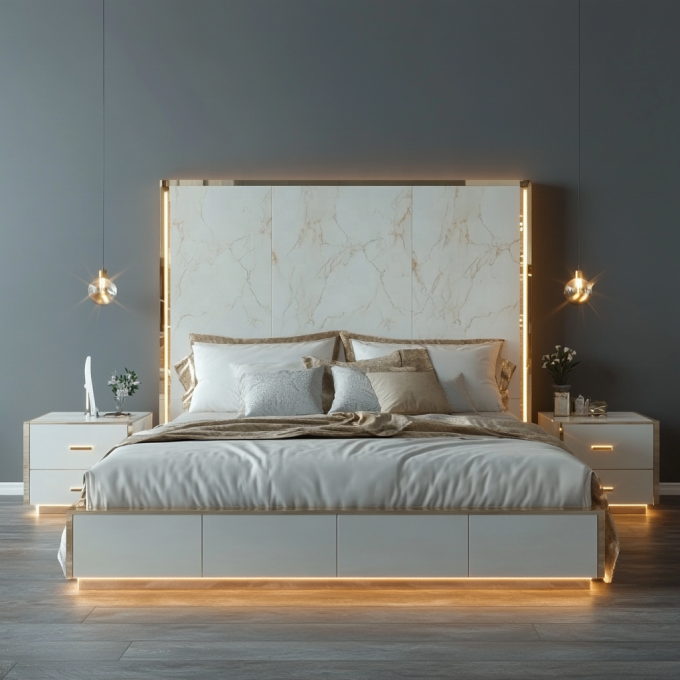 Verstelbaar modern design queen size houten bed voor Italiaanse luxe koninklijke spiegel koning slaapkamer set in huis of hotelkamer 5