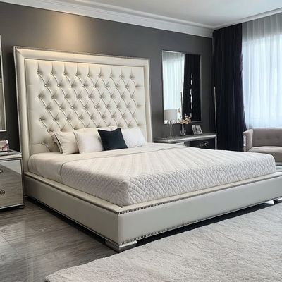 Grijze Houten Queen / King Size Tweepersoonsbed Set Met Gespiegelde Knoppen Geïnspireerd Door President en Modern Design