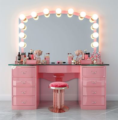 Slaapkamer Make-up Sets LED Verlichte Spiegel Kaptafel Met Laden En Opbergplanken Verstelbaar In Roze